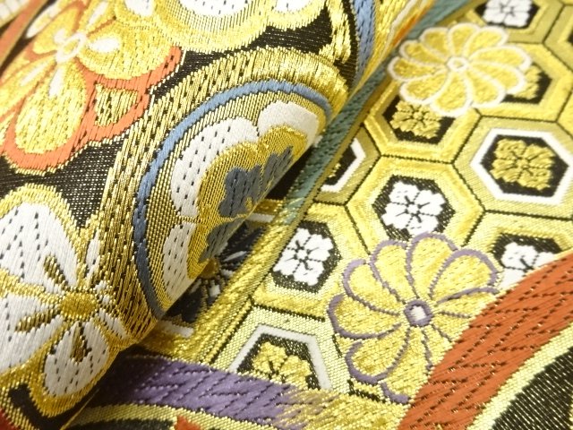  未使用品　変わり青海波に花模様織り出し　振袖用袋帯